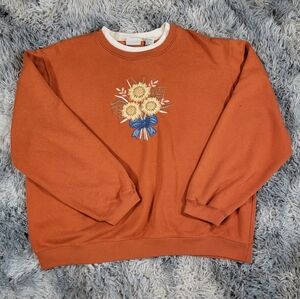 Classic Elements Women's XL Orange Sweater with Sunflower Embroidery